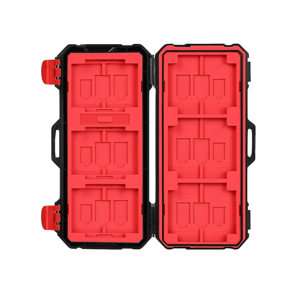 KH15 memory card case open interior with molded red slots for XQD CF SD and microSD memory cards, compact protective card storage holder.