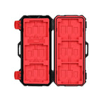 KH15 memory card case open interior with molded red slots for XQD CF SD and microSD memory cards, compact protective card storage holder.