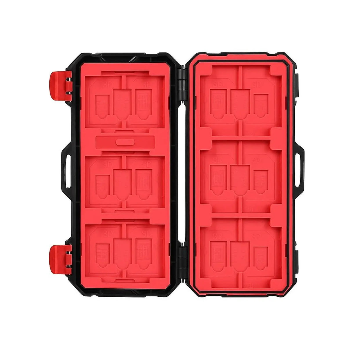 KH15 memory card case open interior with molded red slots for XQD CF SD and microSD memory cards, compact protective card storage holder.
