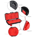 KH15 camera memory card organizer detail views showing black protective case, red locking latches, corner protection and precision card slots.