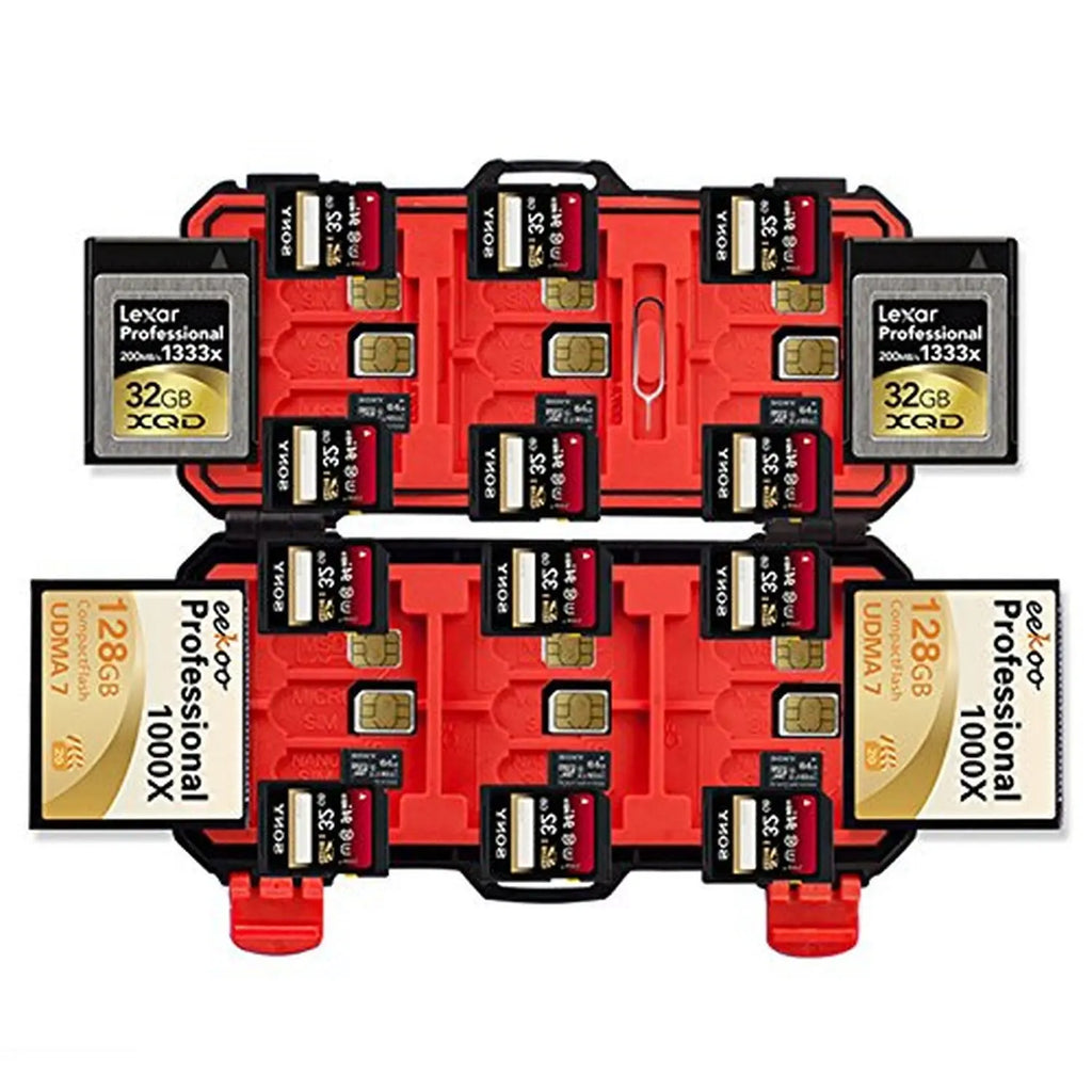 KH15 36-slot memory card case shown holding XQD, CompactFlash CF, SD and microSD cards, red organized interior for photographers and videographers.