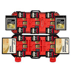 KH15 36-slot memory card case shown holding XQD, CompactFlash CF, SD and microSD cards, red organized interior for photographers and videographers.