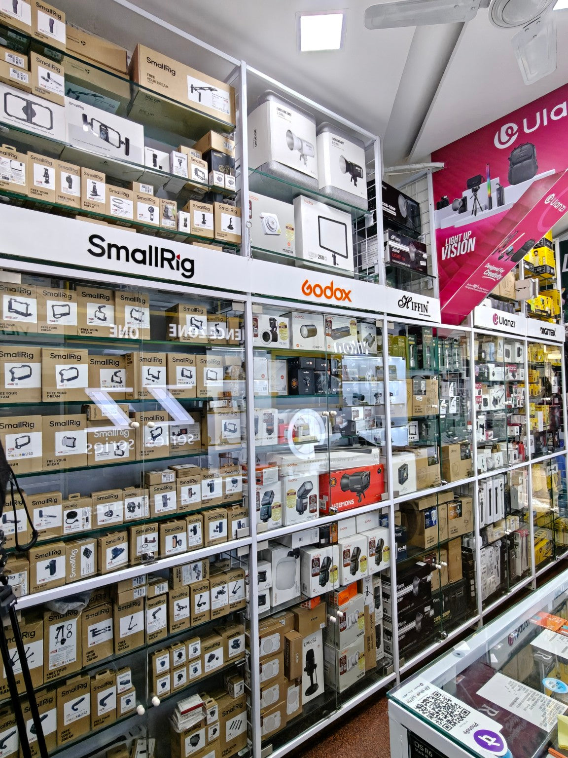 SmallRig accessories and Godox lighting display at Royale Stores in Fort, Mumbai