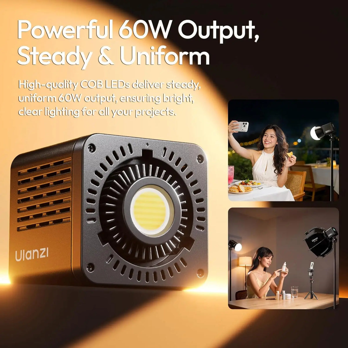 Ulanzi C60 60W bi-color COB LED video light with mini Bowens mount, portable photography lighting alternate product angle