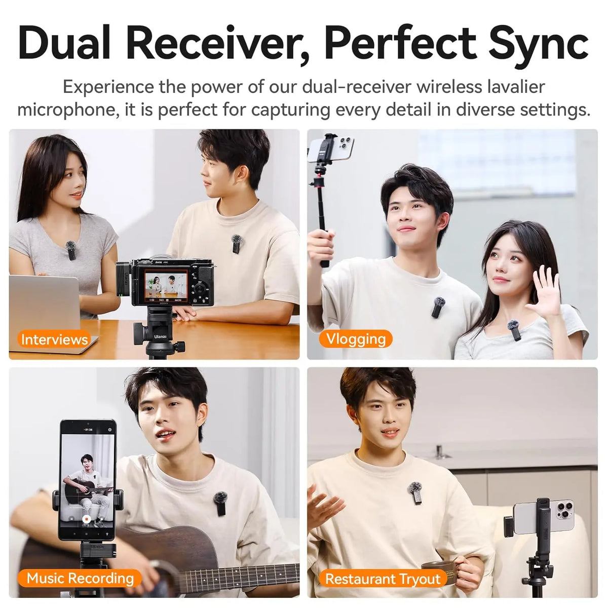 Ulanzi A100 2.4GHz wireless lavalier microphone with charging case for camera, smartphones and video recording — kit detail