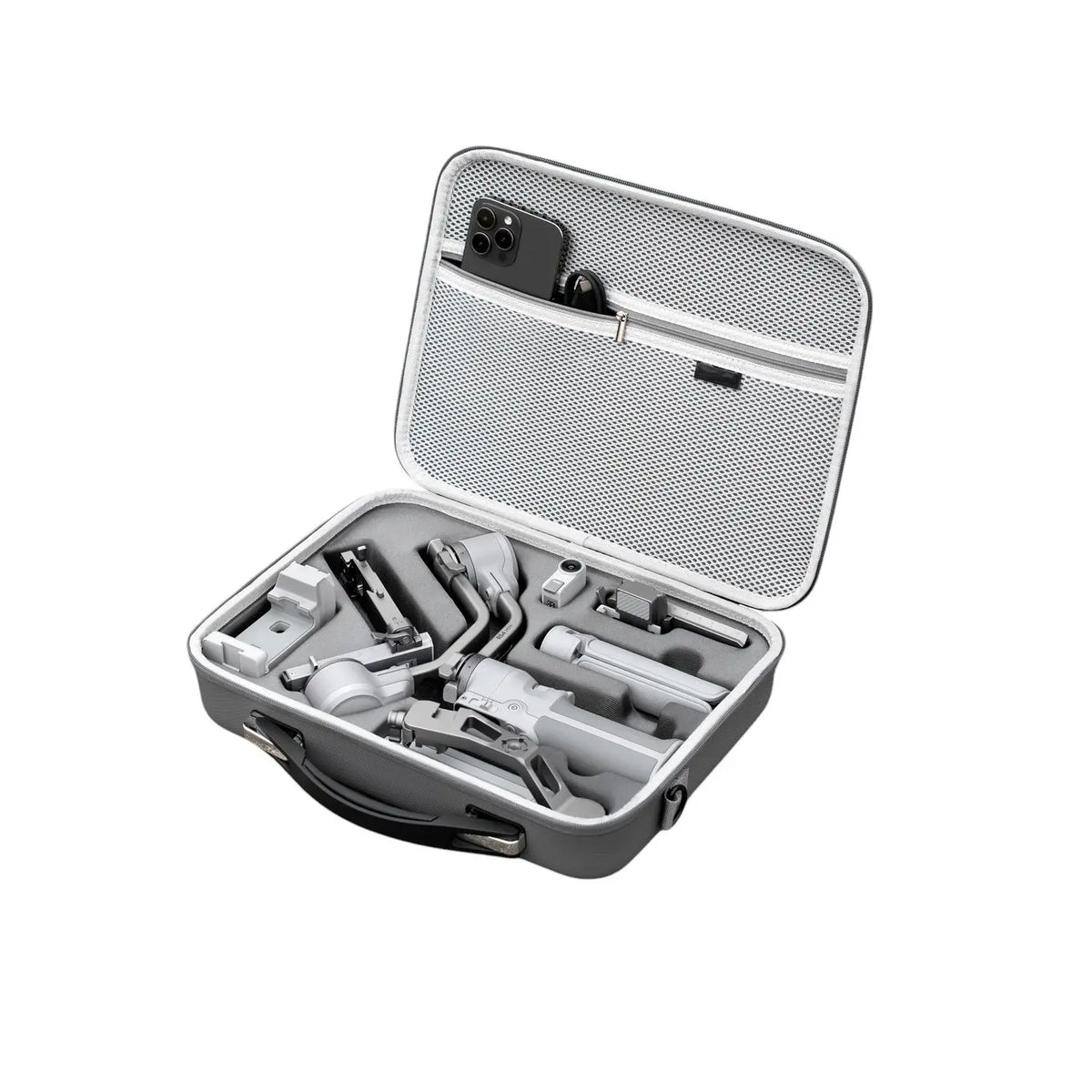 TEKTONIC RS4 Mini grey carrying bag, angled open view showing fitted compartments and mesh lid pocket; gimbal, phone and accessories shown for storage demonstration