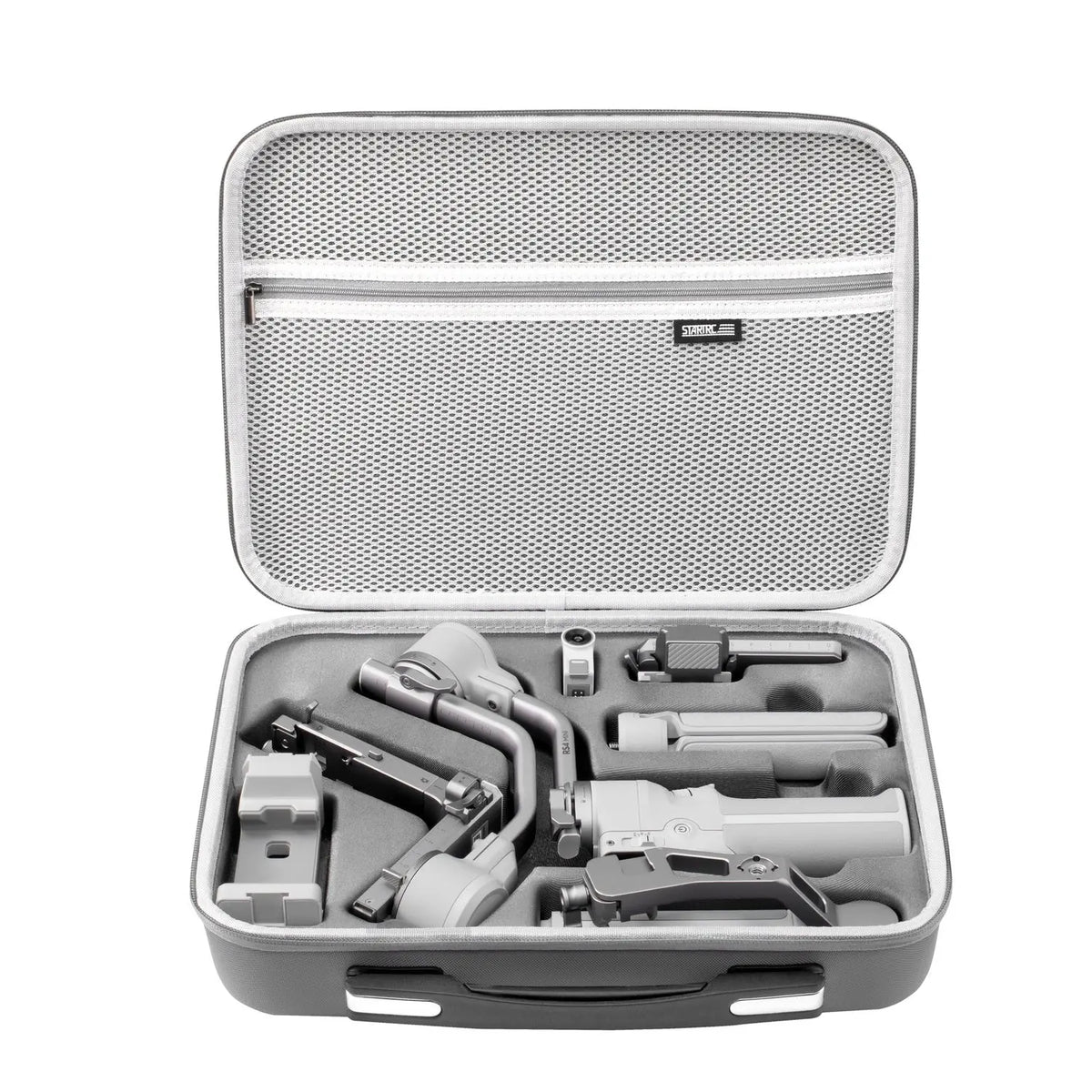 TEKTONIC RS4 Mini grey carrying bag, front view of the open case and fitted interior; gimbal and accessories shown for storage demonstration