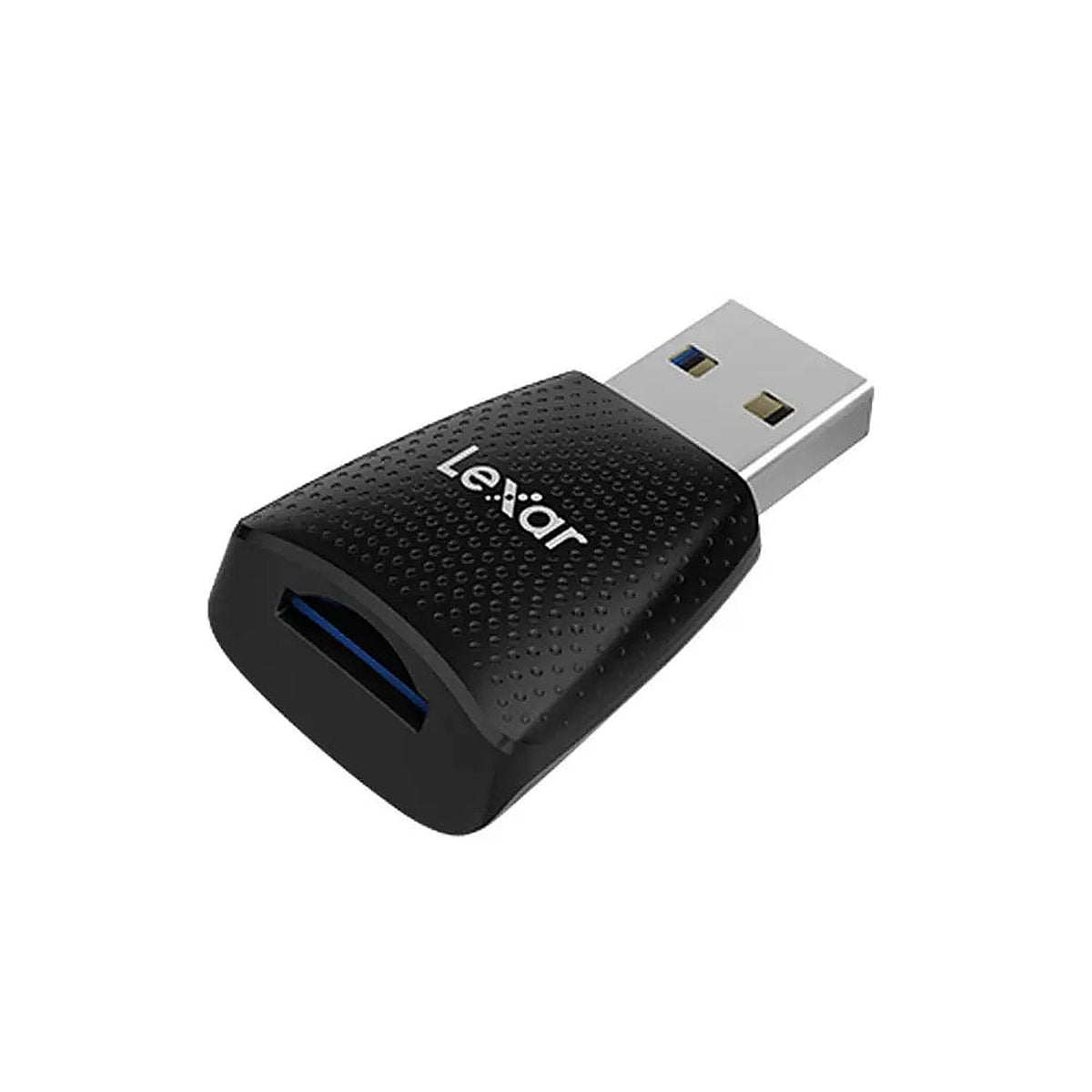 Angled slot-side view of the Lexar RW330 microSD card reader showing its microSD slot and USB-A connector.