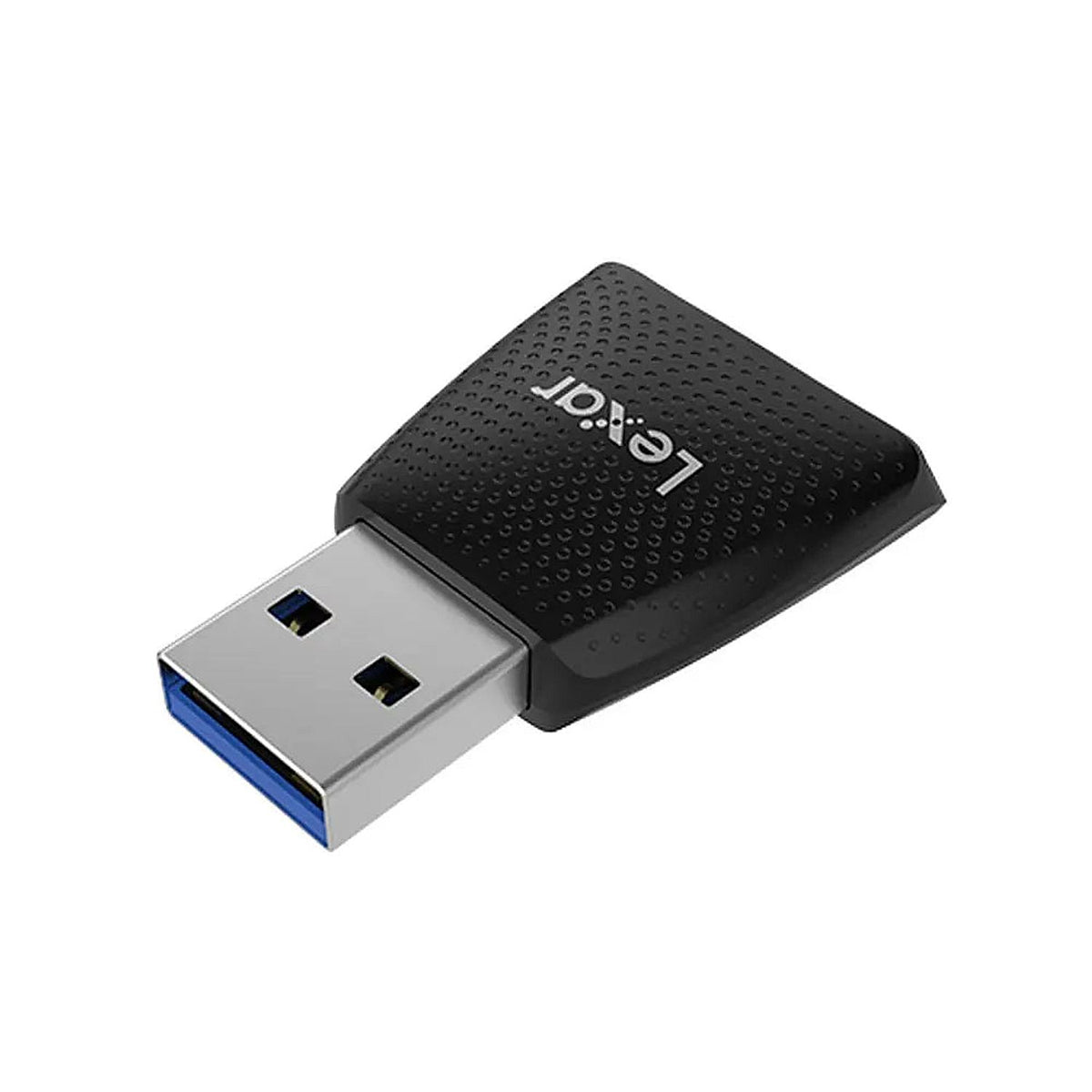 Angled connector-side view of the Lexar RW330 microSD card reader showing the blue USB-A connector and textured black casing.