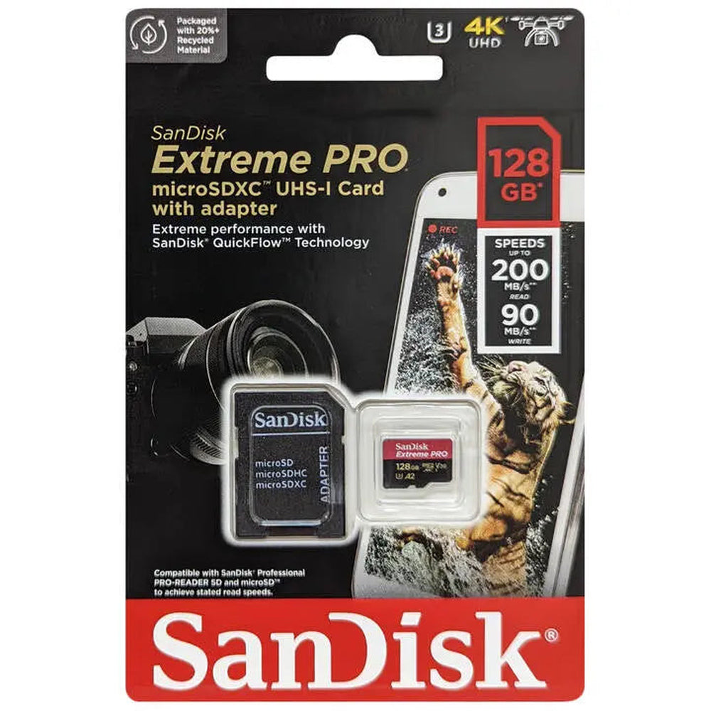 SanDisk Extreme PRO 128GB microSDXC UHS-I 200MB/s retail package with adapter