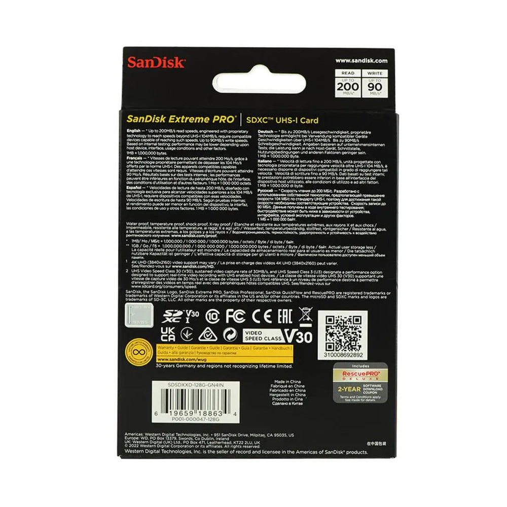 SanDisk Extreme PRO 128GB SDXC UHS-I 200MB/s retail packaging rear