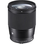 Sigma 16mm f1.4 DC DN Contemporary Sony E lens front glass view on a white background