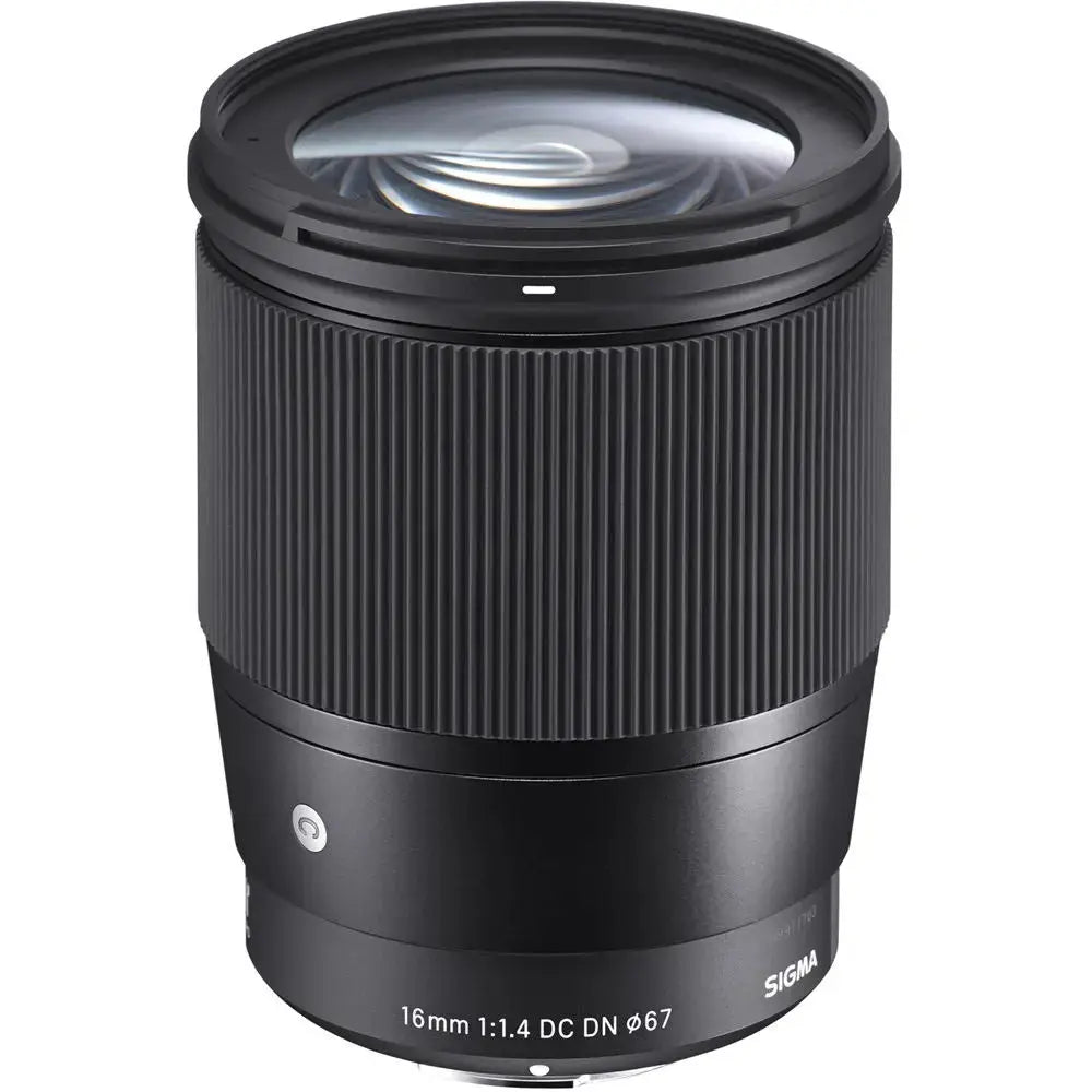 Sigma 16mm f1.4 DC DN Contemporary Sony E lens front glass view on a white background