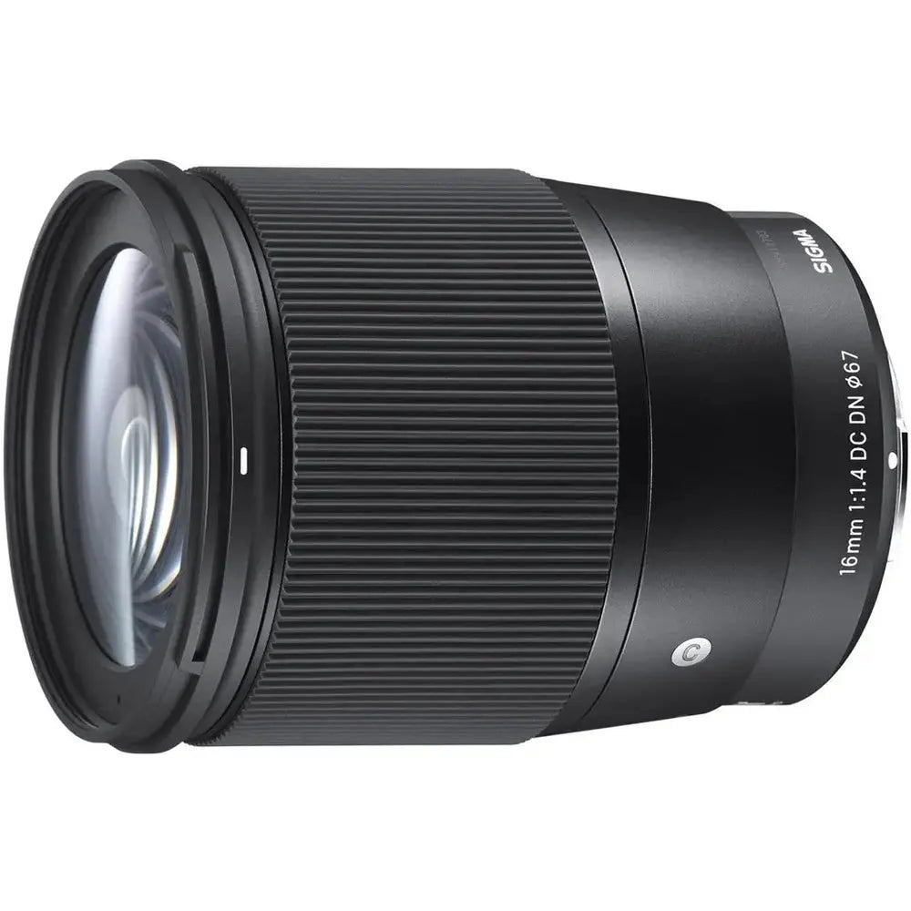 Sigma 16mm f1.4 DC DN Contemporary Sony E APS-C lens product image side angle white background