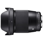 Sigma 16mm f1.4 DC DN Contemporary Sony E lens with hood side profile white background