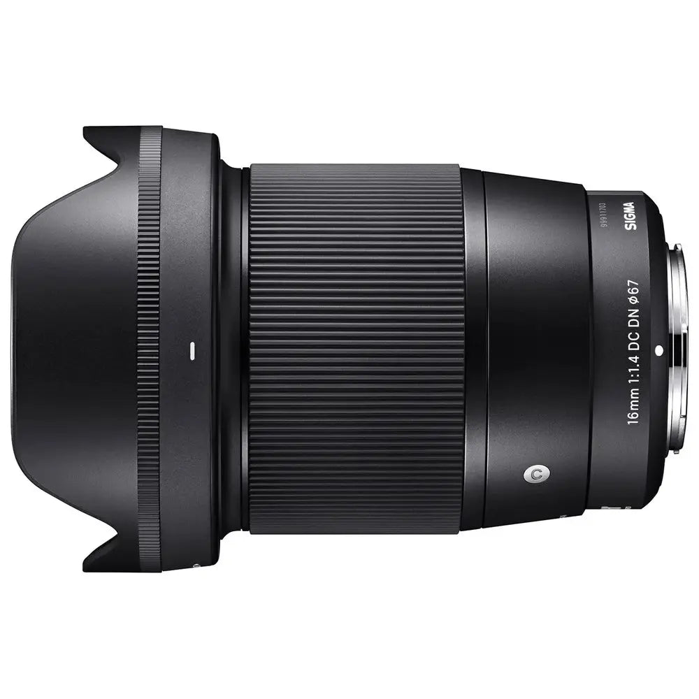 Sigma 16mm f1.4 DC DN Contemporary Sony E lens with hood side profile white background