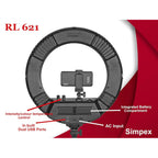 Simpex RL-621 18-inch bi-colour LED ring light rear view showing brightness, colour controls, USB ports and power input