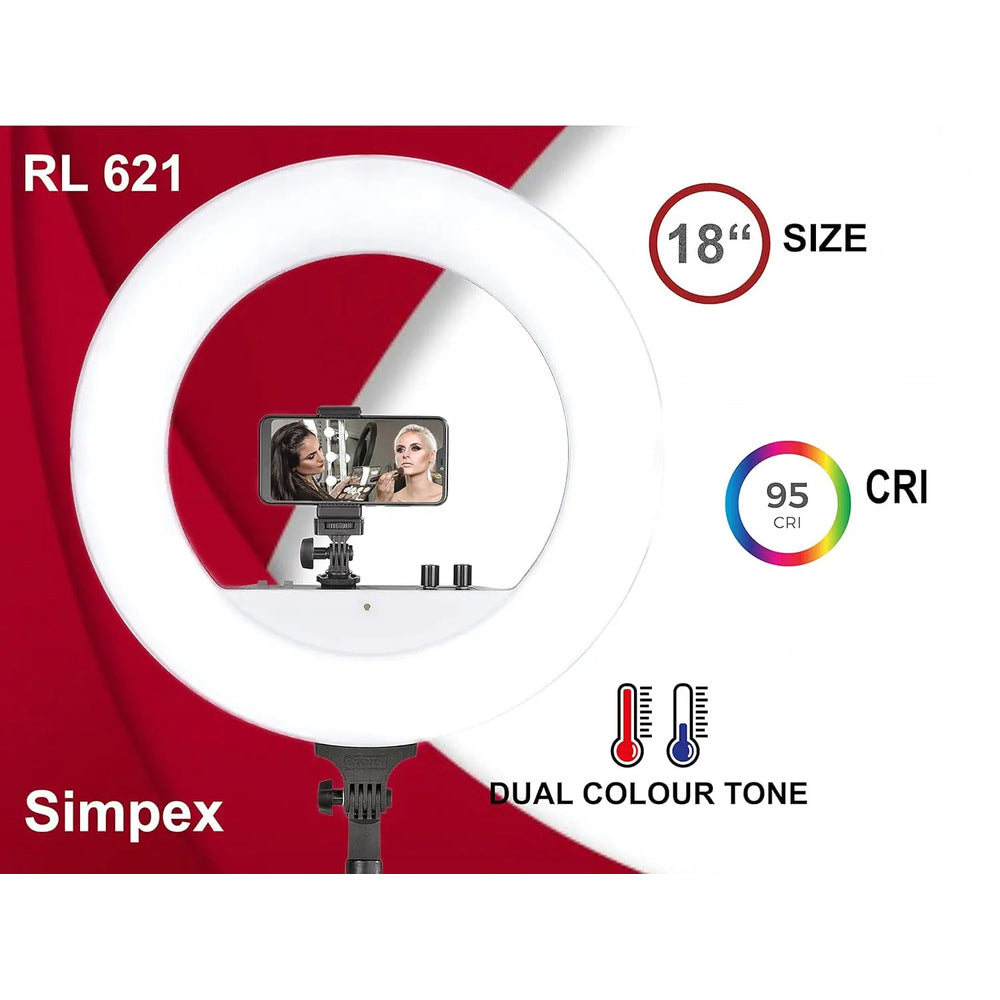 Simpex RL-621 18-inch bi-colour LED ring light front view with light size, CRI and colour temperature features