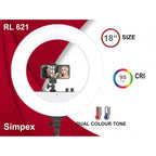 Simpex RL-621 18-inch bi-colour LED ring light front view with light size, CRI and colour temperature features