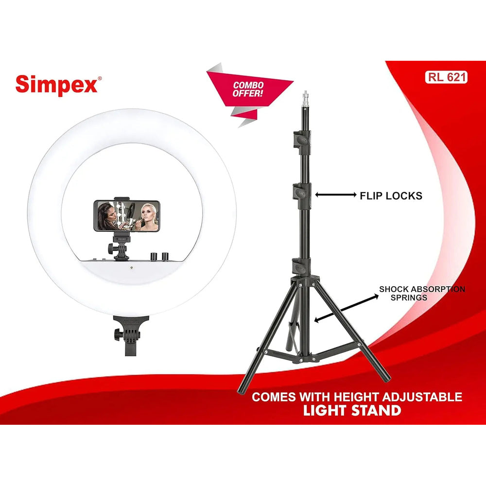 Simpex RL-621 18-inch bi-colour LED ring light with included light stand and phone holder, front view