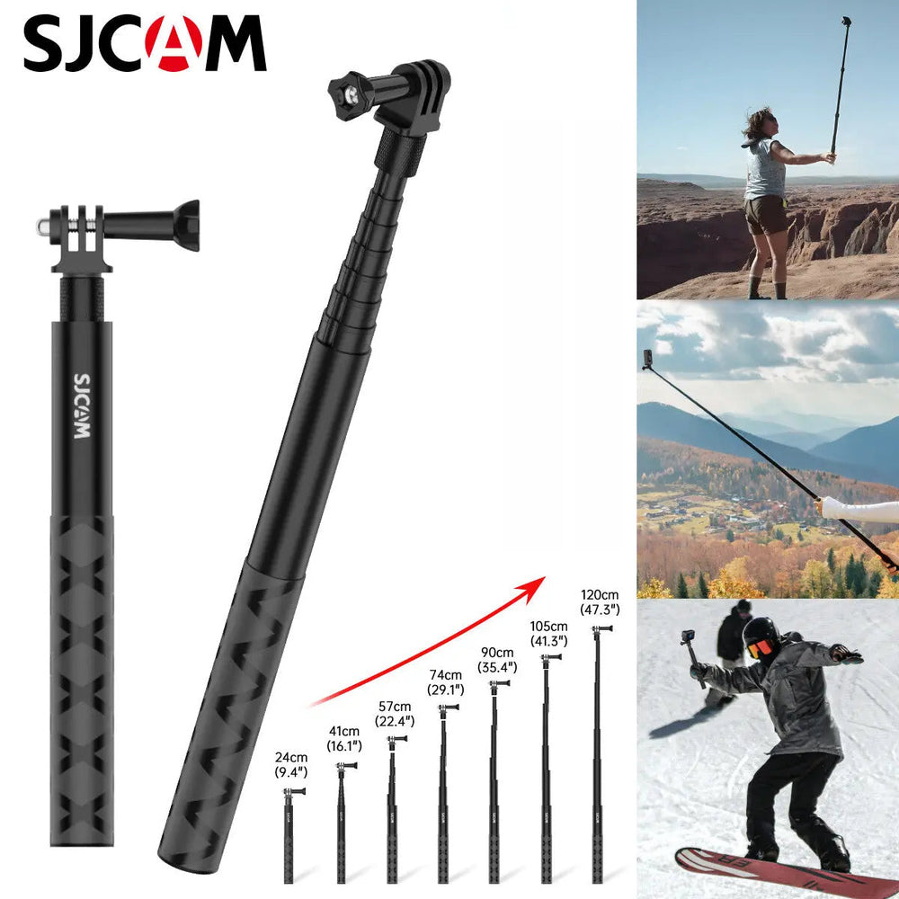 SJCAM-style ultra-long invisible selfie stick for action cameras with telescoping extension and action-camera mount