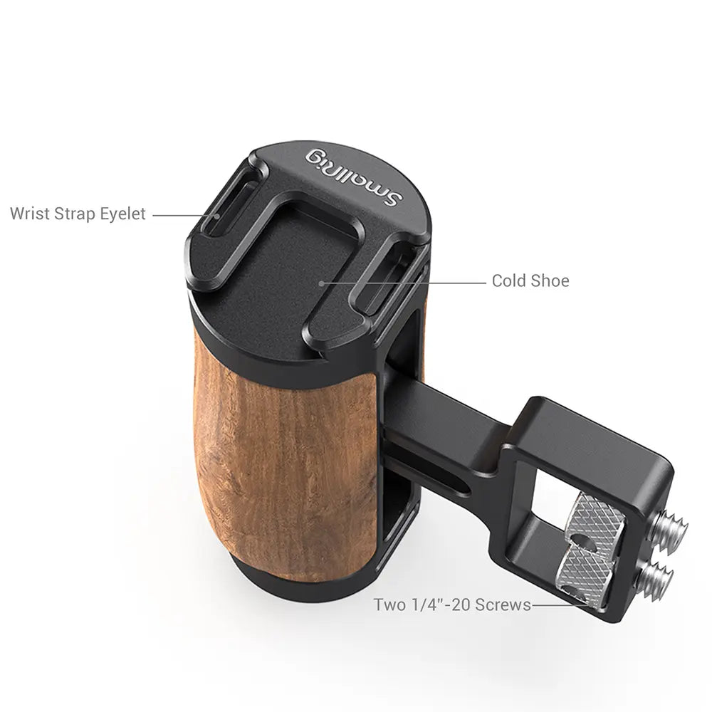 SmallRig 2913 Wooden Mini Side Handle showing cold shoe, strap eyelet and dual 1/4-20 screws