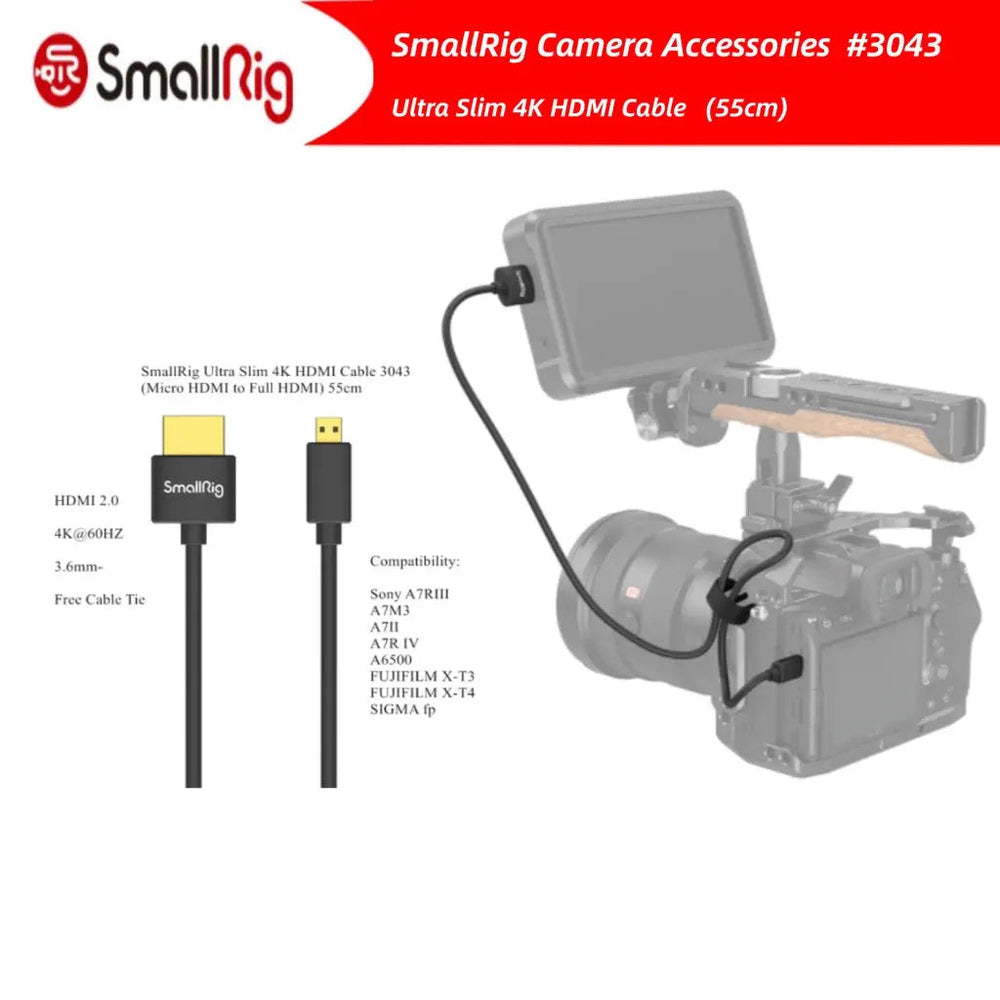 SmallRig 3043B 55cm Micro HDMI to HDMI cable shown for camera rig use