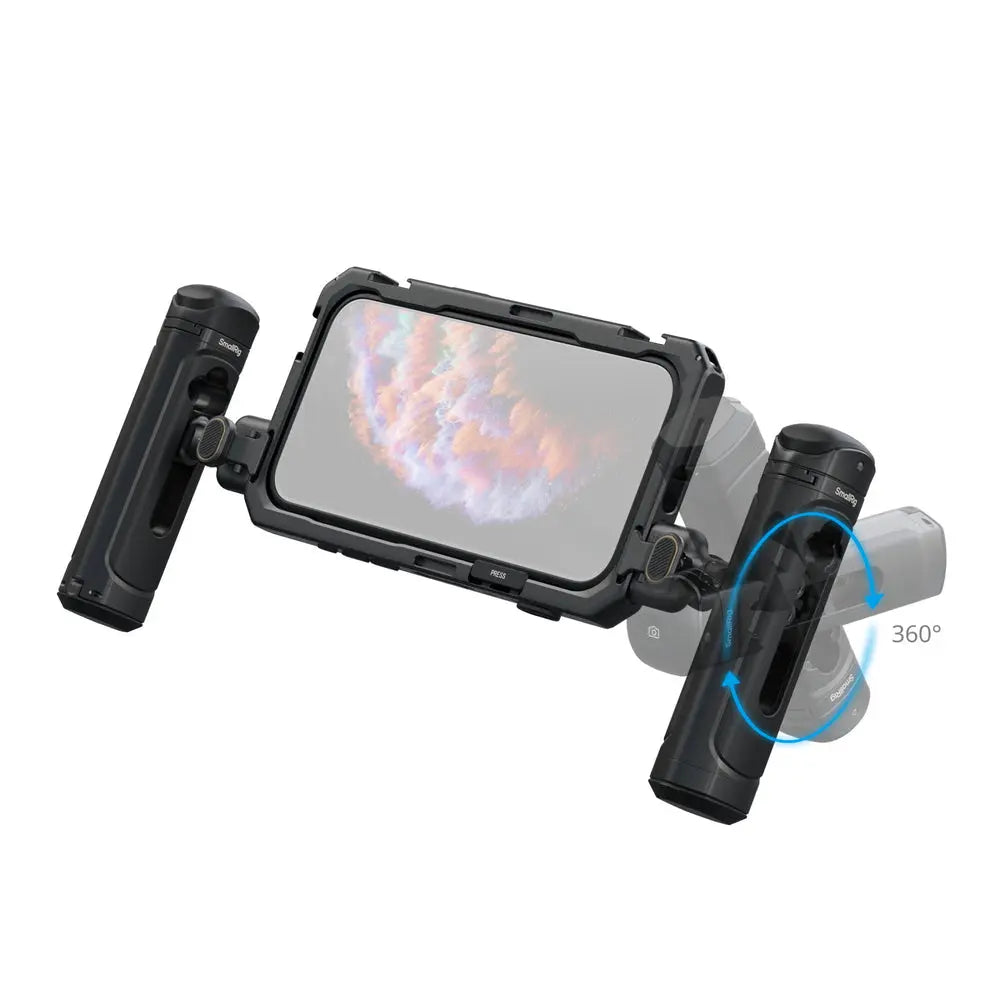 SmallRig 5541 dual handheld cage for iPhone 17 Pro Max, angled view demonstrating rotating handles