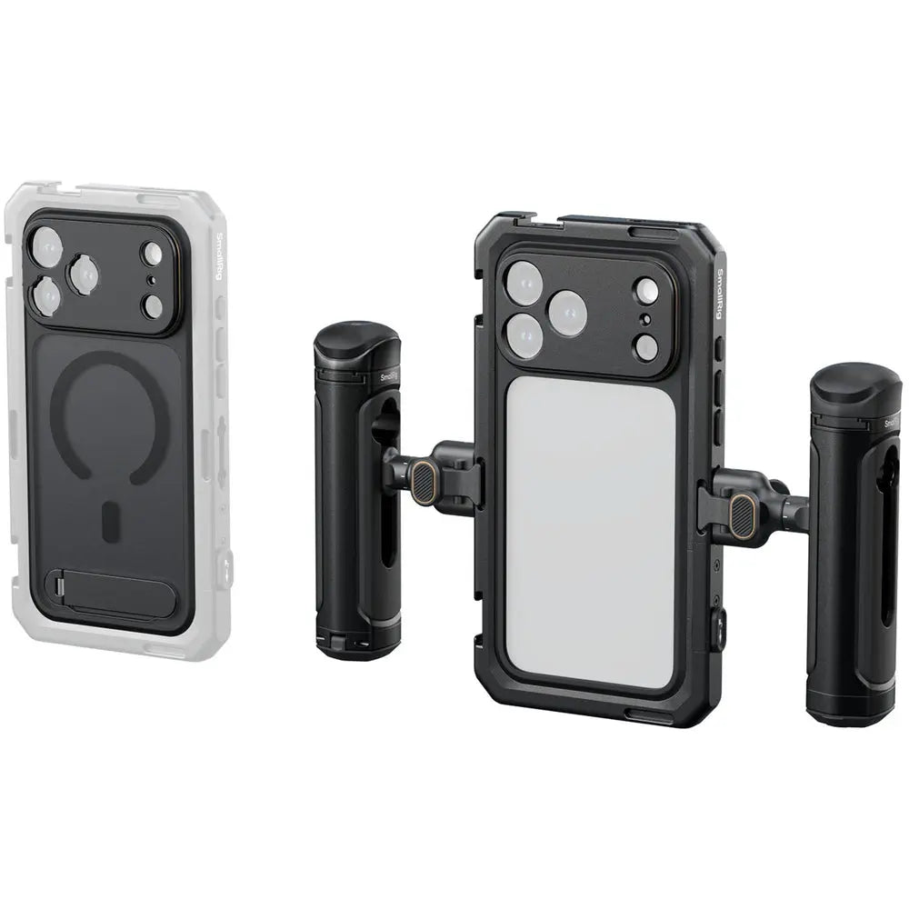 SmallRig 5541 phone cage kit for iPhone 17 Pro Max showing rear-mounted case, camera cutouts and dual handles