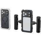 SmallRig 5541 phone cage kit for iPhone 17 Pro Max showing rear-mounted case, camera cutouts and dual handles