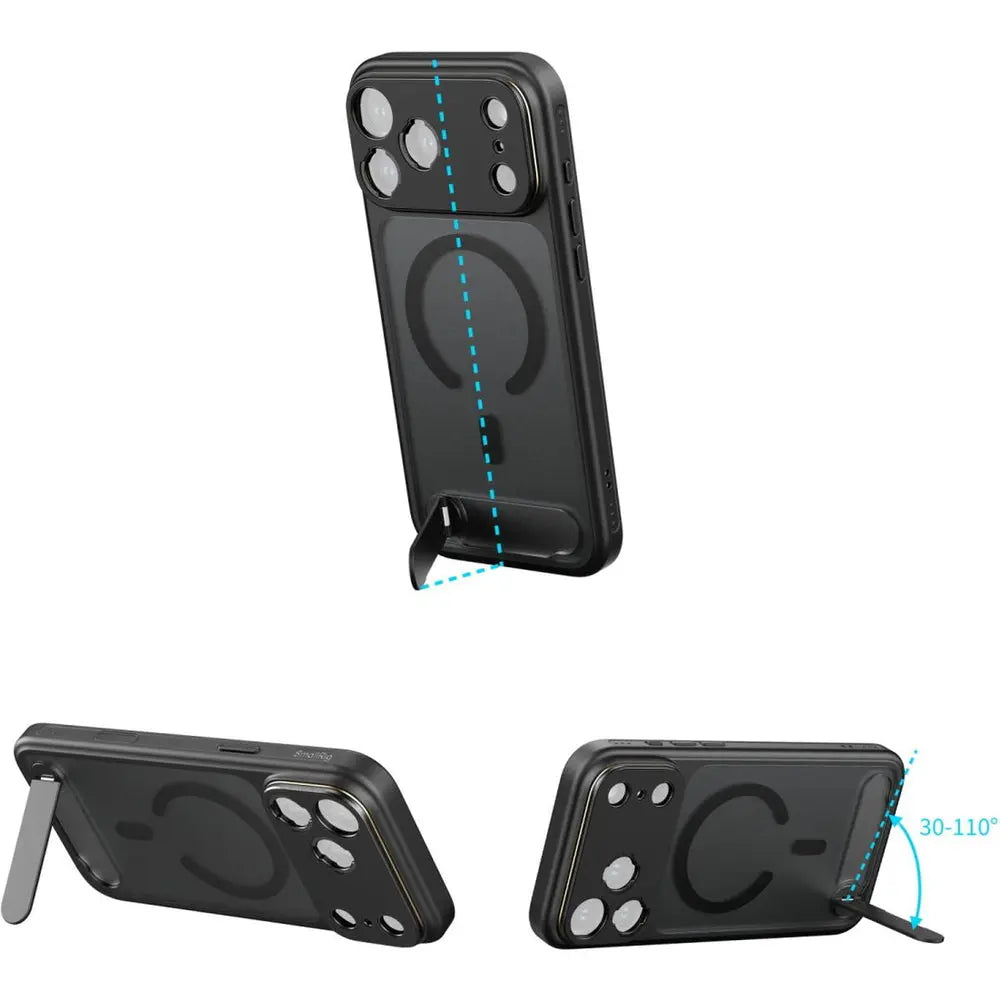 SmallRig 5549 black FilMov photography case for iPhone 17 Pro with fold-out kickstand at adjustable angles