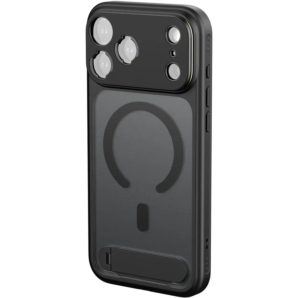 SmallRig 5551 black FilMov photography phone case for iPhone 17 Pro Max, rear angled view with MagSafe ring and kickstand