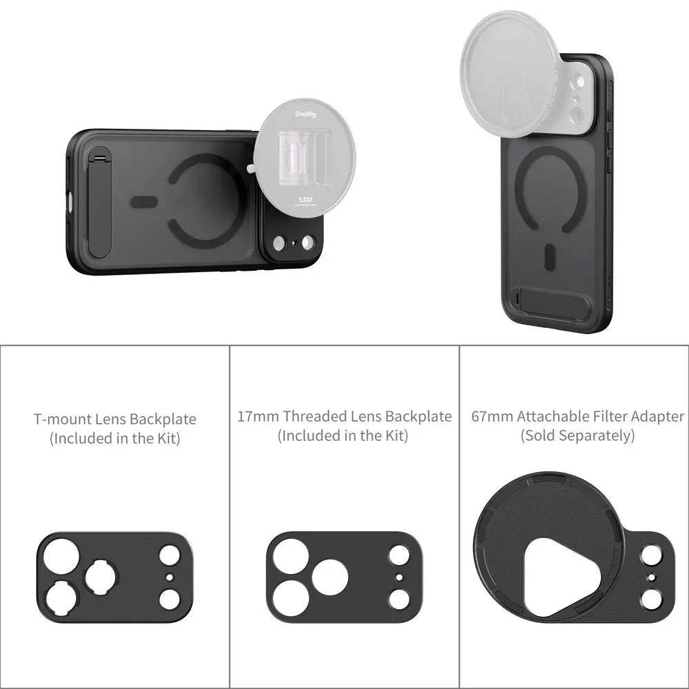 SmallRig 5551 black iPhone 17 Pro Max FilMov case showing included T-mount and 17mm lens backplates and separately available filter adapter