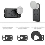 SmallRig 5551 black iPhone 17 Pro Max FilMov case showing included T-mount and 17mm lens backplates and separately available filter adapter