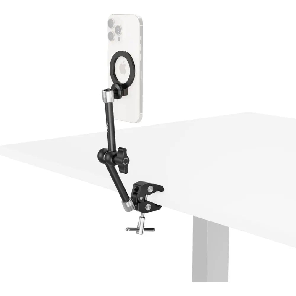 SmallRig 5604 MagSafe crab clamp and arm mounted to desk with smartphone magnetically attached