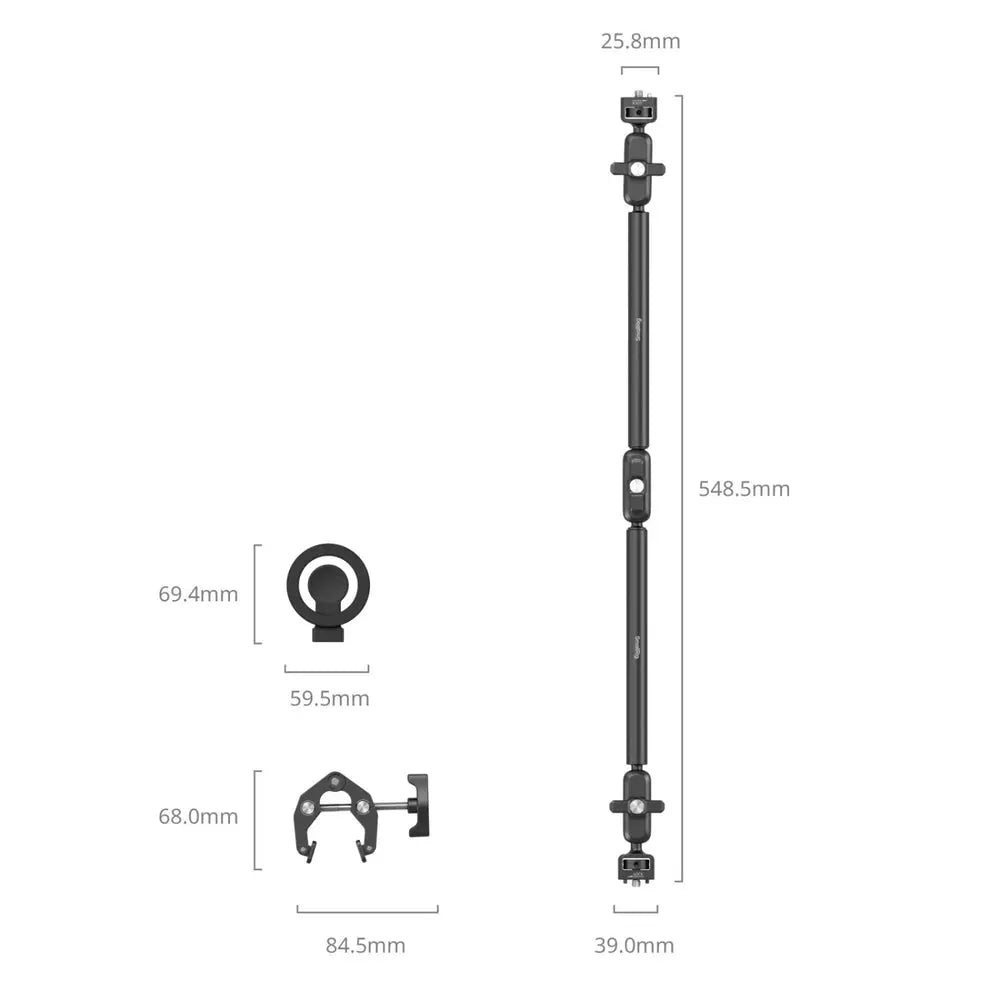 SmallRig 5626 desktop magic arm, MagSafe-compatible phone ring and crab clamp shown with component dimensions