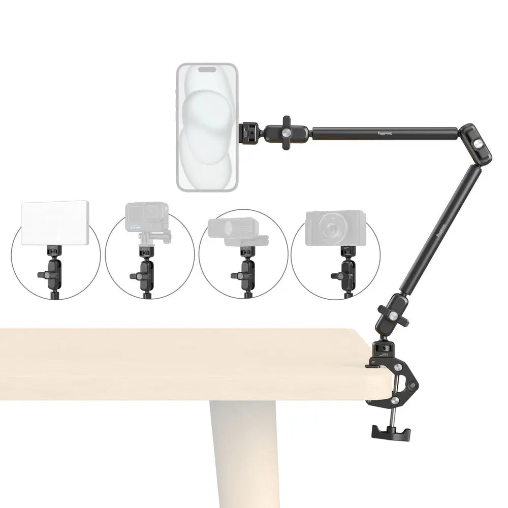 SmallRig 5626 MagSafe-compatible desktop magic arm clamped to desk with phone mounted for filming