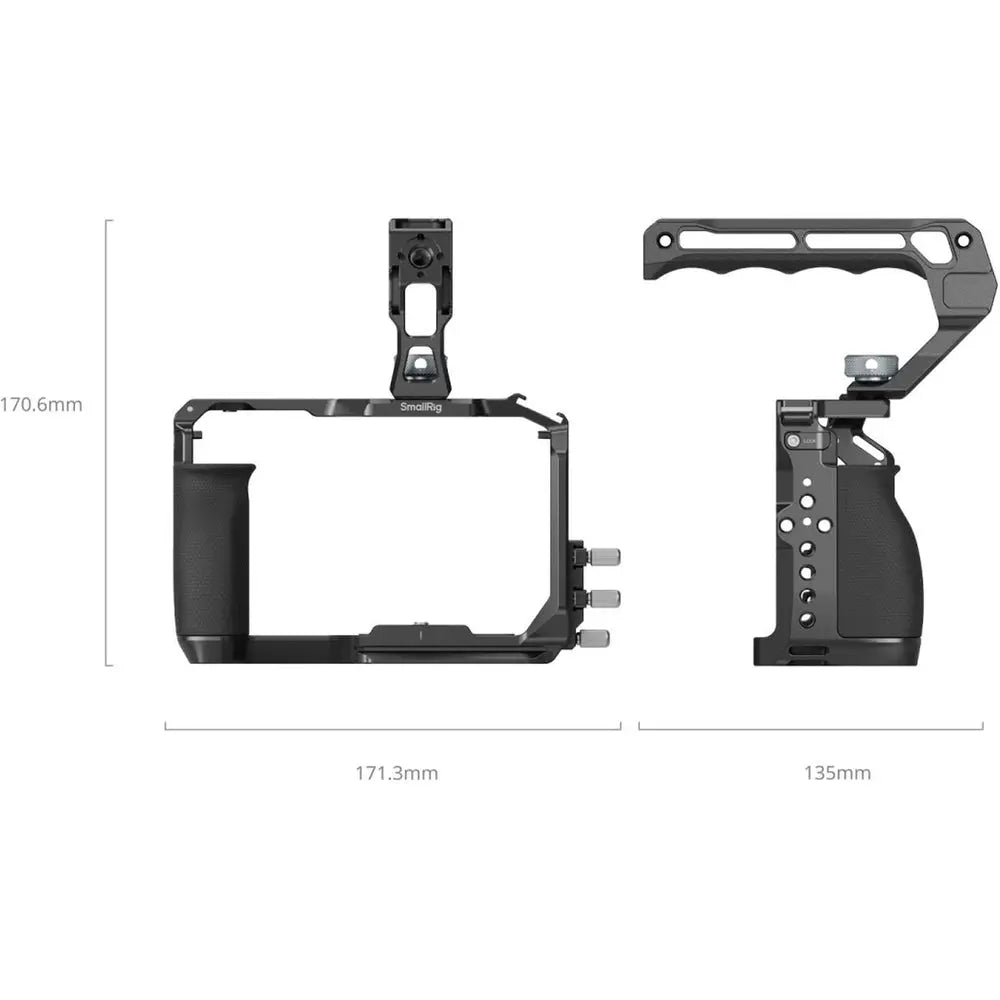 SmallRig 5647 Nikon ZR camera cage kit with top handle, front and side dimension diagram