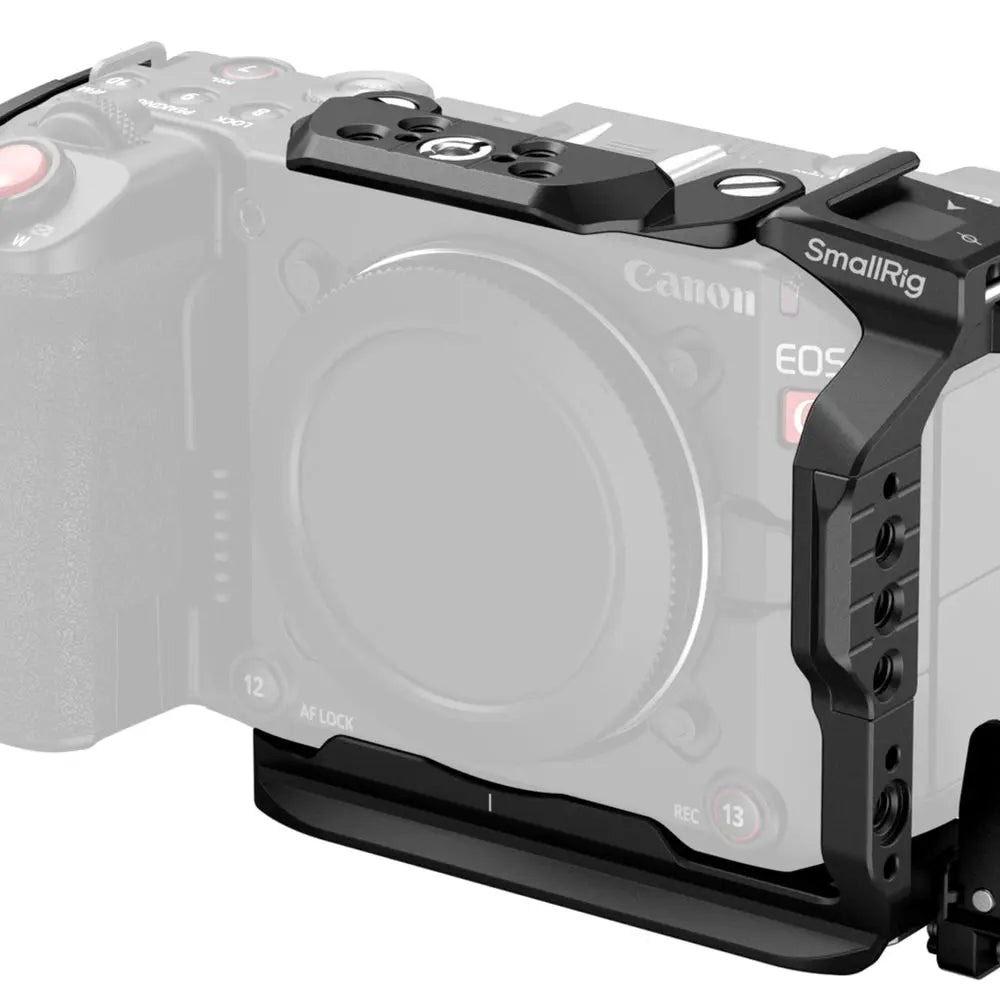SmallRig 5656 protective camera cage for Canon EOS C50, close-up showing the cable clamp and mounting holes
