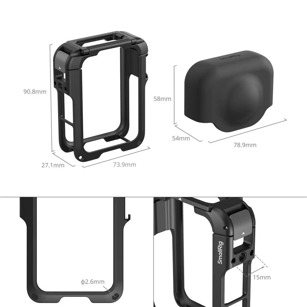 SmallRig 5704B DJI Osmo 360 cage and separate silicone lens cover, annotated dimensions and fitting detail