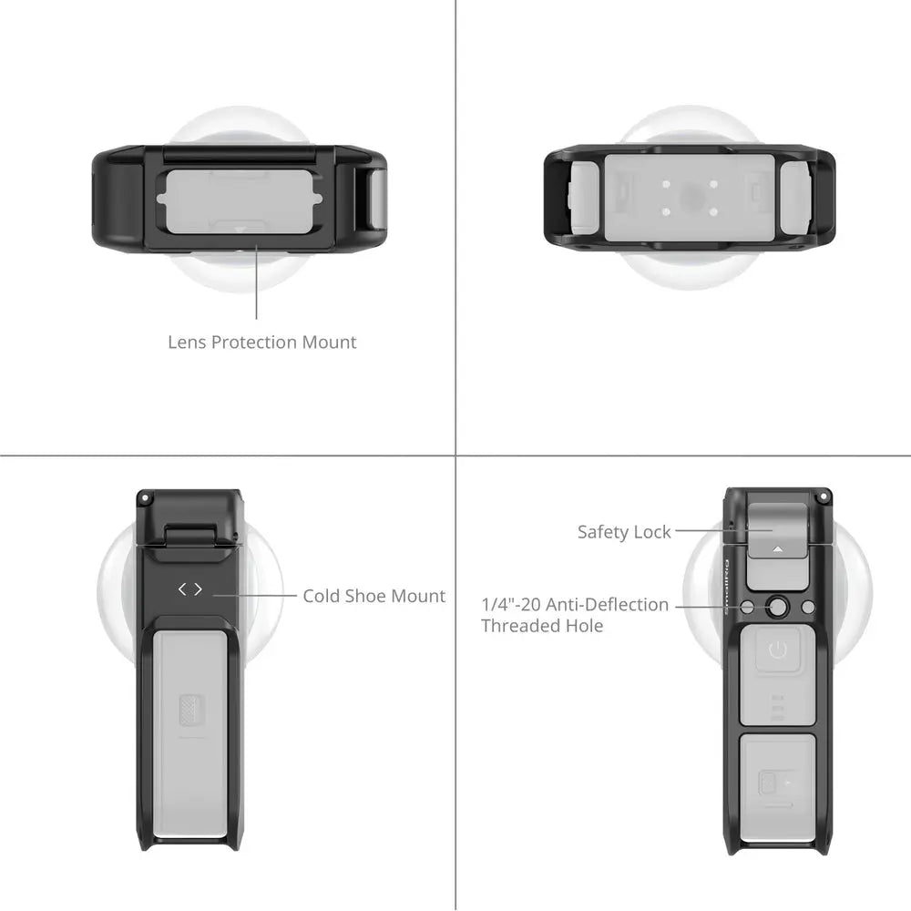 SmallRig 5704B DJI Osmo 360 protective cage showing cold shoe mount, safety lock and 1/4-inch anti-twist thread