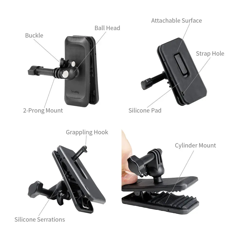 SmallRig 5722 backpack strap clip labeled features, ball head, two-prong mount, folding hook, non-slip pad and cylindrical grip