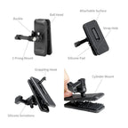 SmallRig 5722 backpack strap clip labeled features, ball head, two-prong mount, folding hook, non-slip pad and cylindrical grip