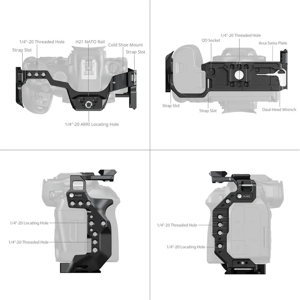 SmallRig 5954 HawkLock cage for Canon EOS R6 Mark III and R6 Mark II, labeled four-view mounting and accessory interface diagram