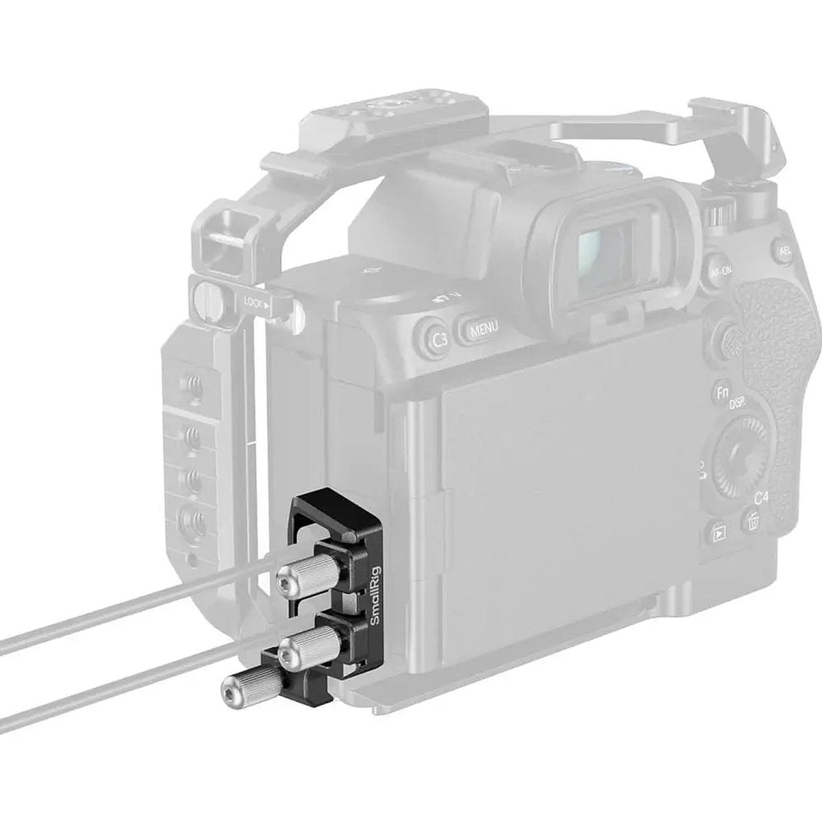 SmallRig 6062 USB-C cable clamp mounted on Sony Alpha 7 V cage securing two USB-C cables