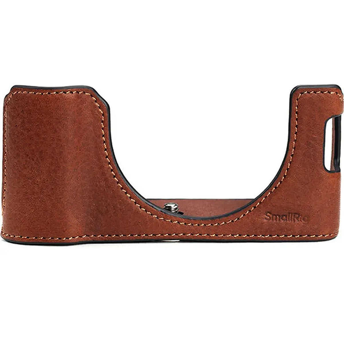 SmallRig 4699 brown leather half case for Fujifilm X100VI, front view showing the stitched edges and grip.
