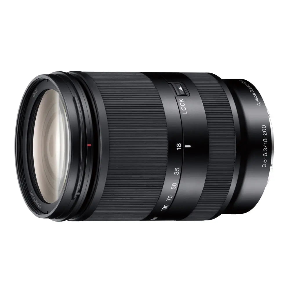 Sony E 18–200mm f/3.5–6.3 OSS LE lens, angled front view