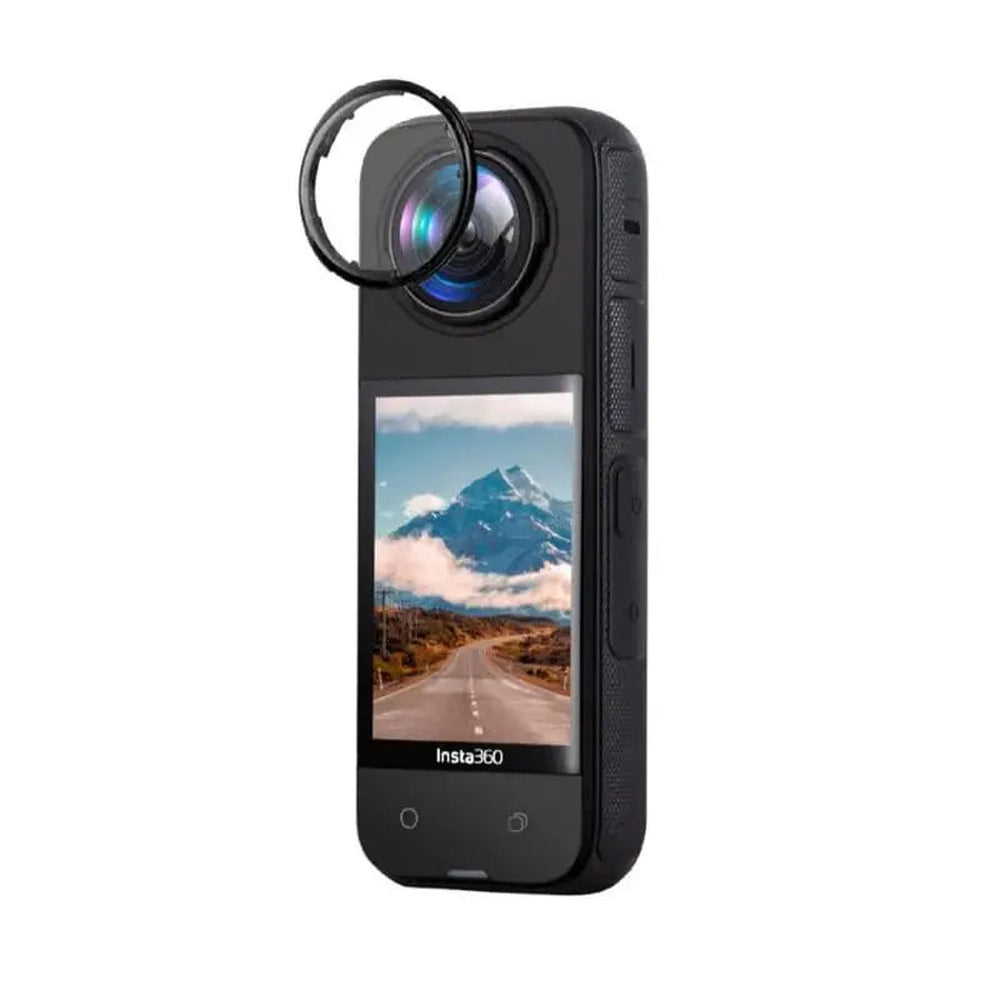 TEKTONIC standard lens guard for Insta360 X5 shown next to an Insta360 X5 camera on white background