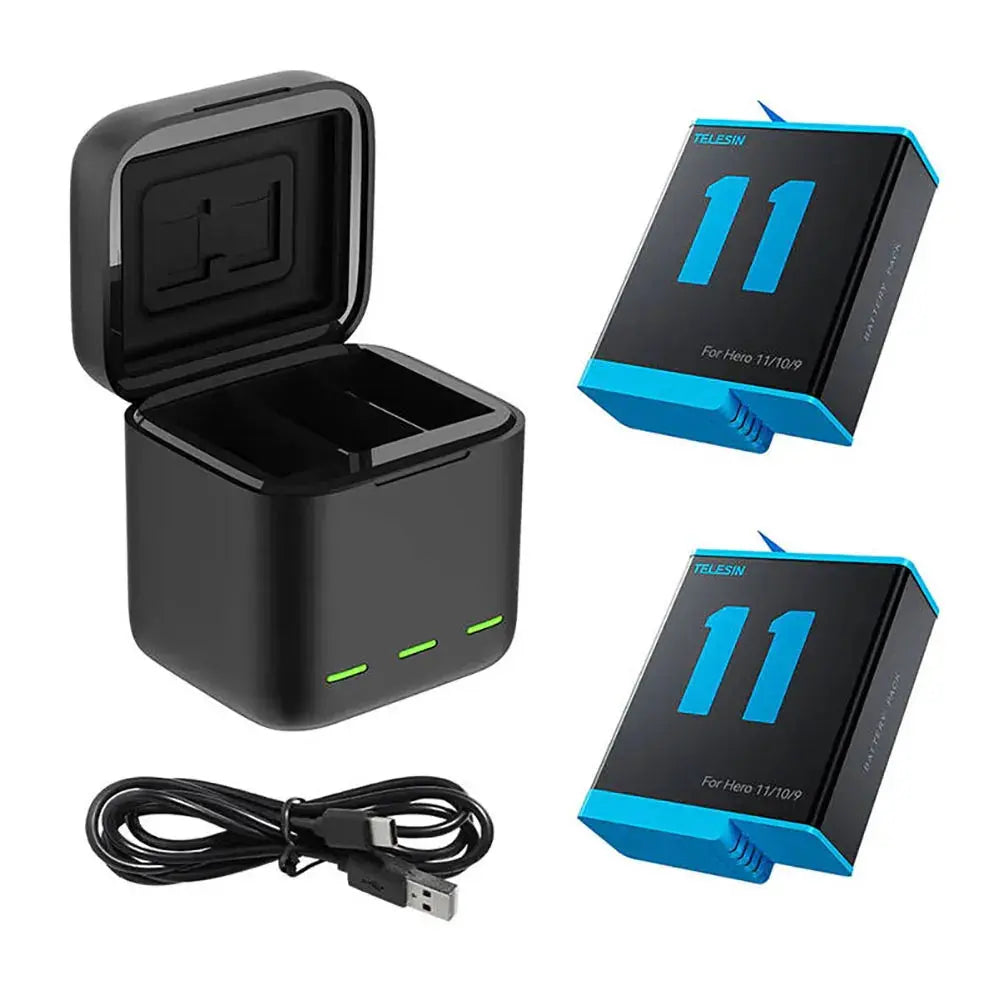 TELESIN GP-BNC-901-B three-slot charging case with two included batteries for GoPro HERO9 HERO10 HERO11, exact model kit