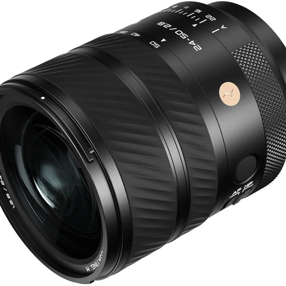 Thypoch Voyager AF 24-50mm f/2.8 Sony E black zoom lens, three-quarter front perspective